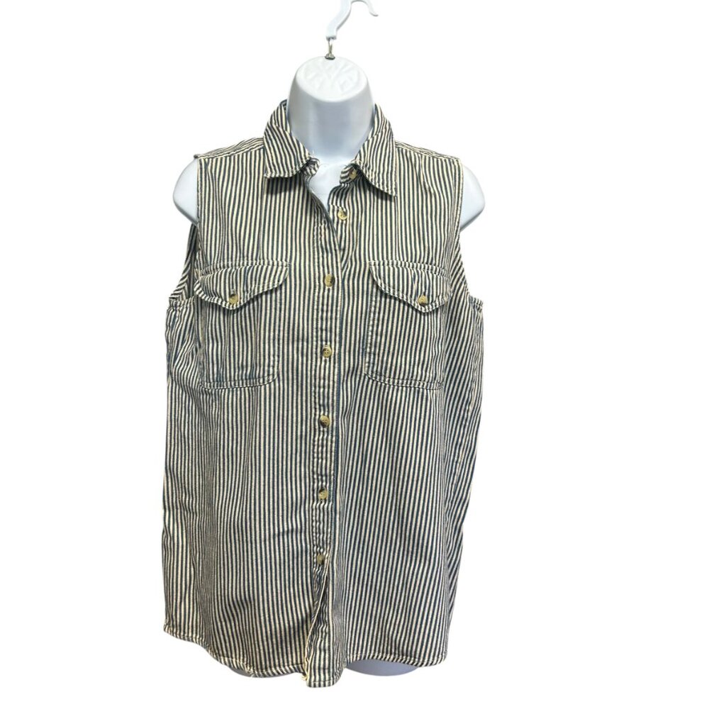 Easy Wear Hickory Stripe Sleeveless Button Up Shirt - Size M